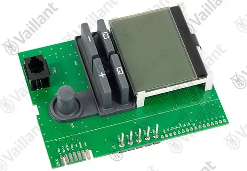 Vaillant Display mit mehreren Tasten und einem LCD-Bildschirm auf einer Leiterplatte, ausgestattet mit Anschlussmöglichkeiten.